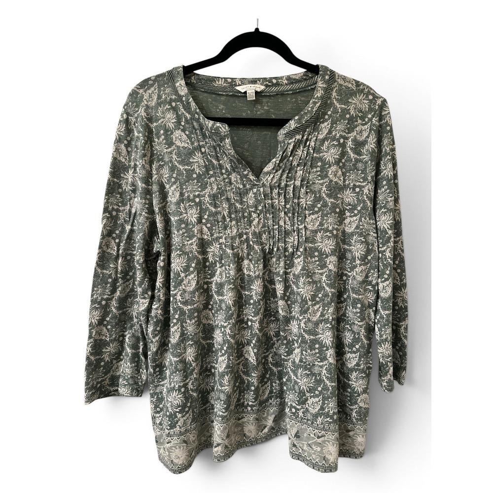 Lucky Brand XL Olive Green Floral Border Print Peasant Top Pintuck Boho